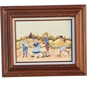 Vintage Folk Art Painting Of Children Walking To School Framed AS IS 24 x 20